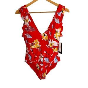 Red Floral One-Piece Swimsuit with Ruffle Shoulders